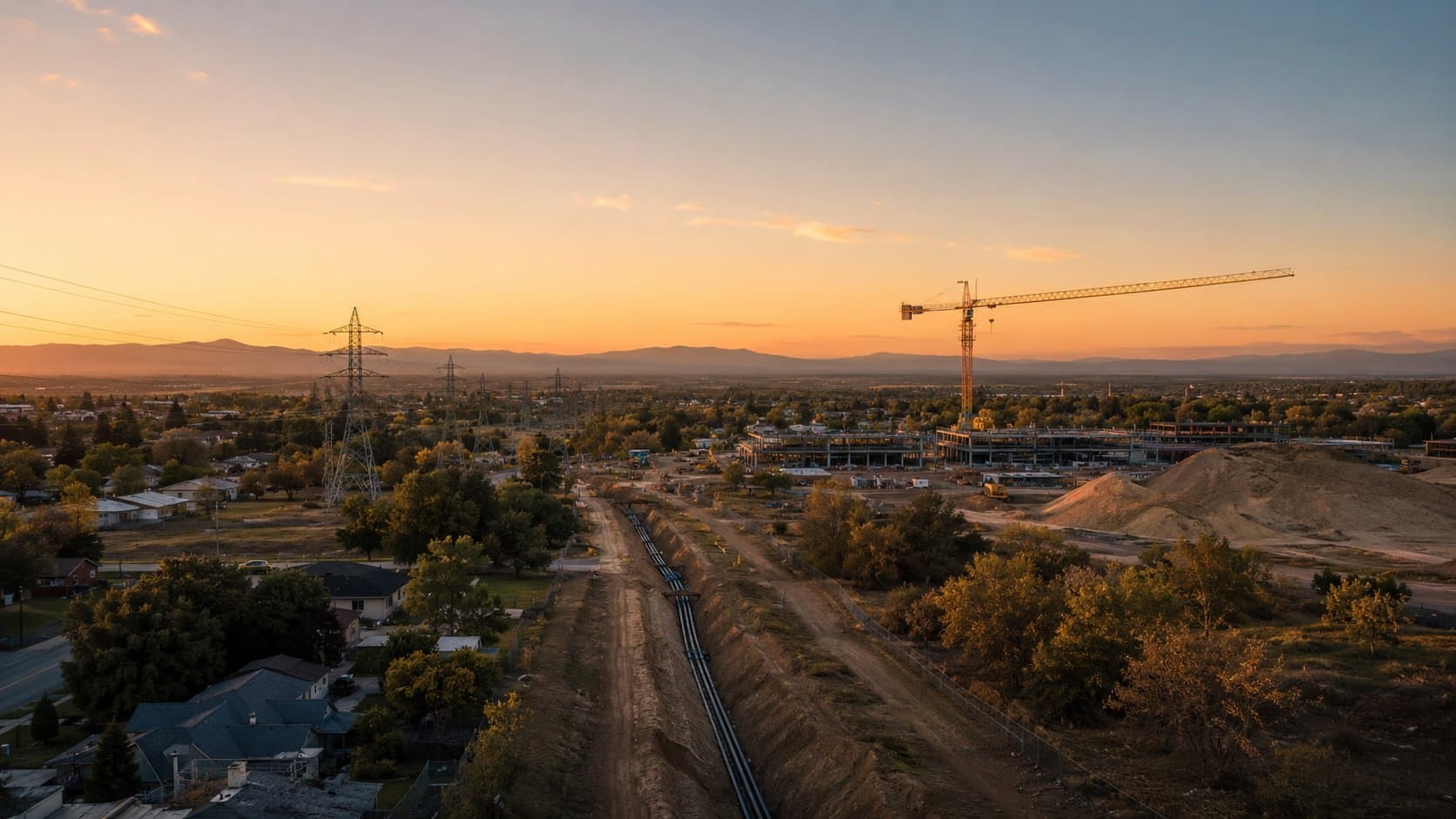 An aerial view of fiber, power and construction work spanning a small town at dusk